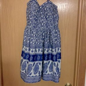 Blue and White paisley pattern strapless dress